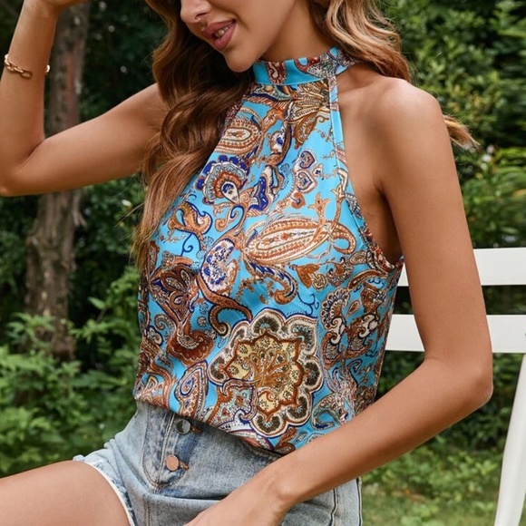Boho Floral Paisley Print Halter Top - Picture 8 of 9